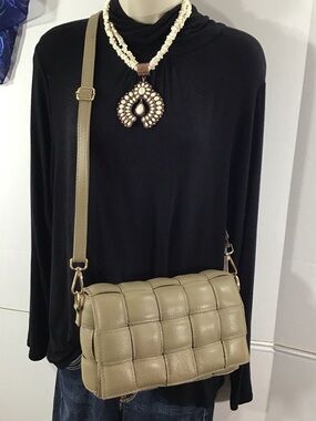 Chiara Ferretti taupe padded cassette woven leather flap crossbody bag Italy